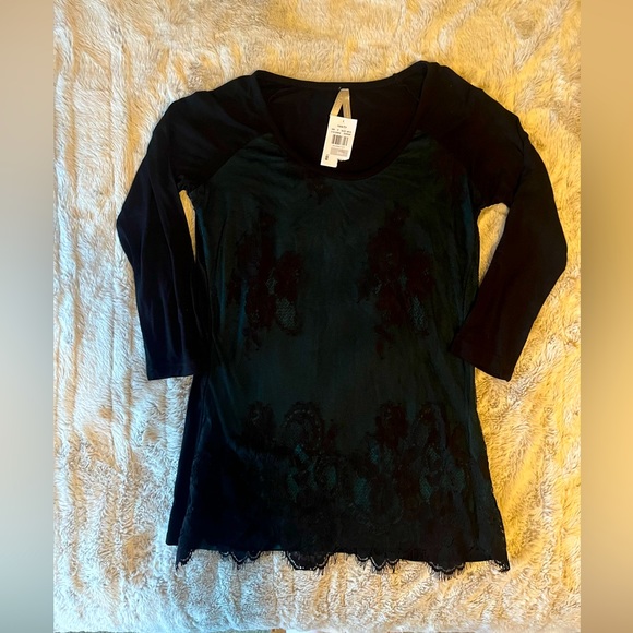 Vanity Black Lace Overlay Teal Top Blouse 3/4 Length Sleeve Women’s Small - Picture 1 of 8